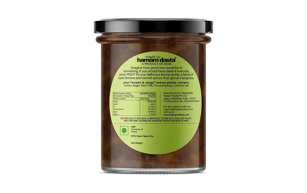 Hamam Dasta Lemon Pickle Sweet & Zingy   Glass Jar  400 grams